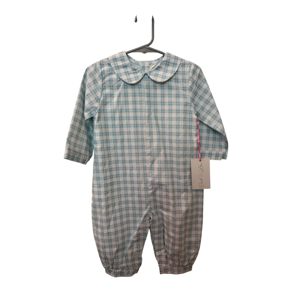 Cecil and Lou NWT Boy Romper Longall Size 12 Months White and Blue Plaid